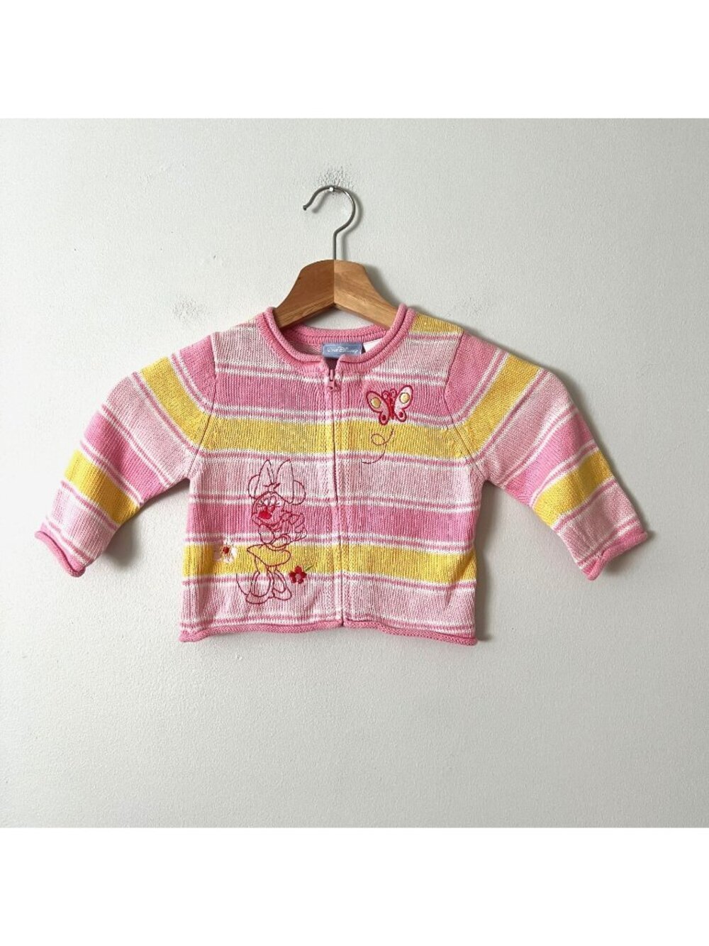 Walt Disney Minnie Mouse Pink Yellow Cotton Zip Up Cardigan Sweater Size 12 Mo